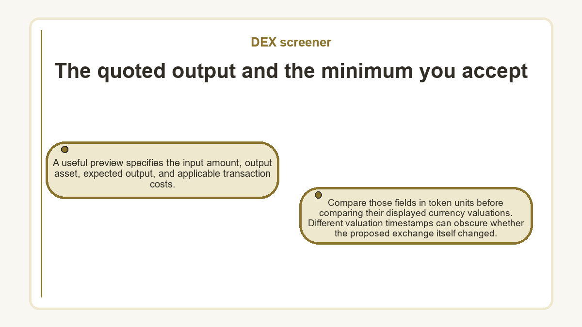 The quoted output and the minimum you accept: A useful preview specifies the input amount, output asset, expected output, and applicable transaction costs.; Compare those fields in token units before comparing their displayed currency valuations. Different valuation timestamps can obscure whether the proposed exchange itself changed.