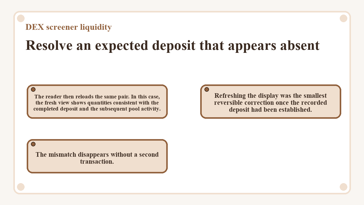 Resolve an expected deposit that appears absent: The reader then reloads the same pair. In this case, the fresh view shows quantities consistent with the completed deposit and the subsequent pool activity.; The mismatch disappears without a second transaction.; Refreshing the display was the smallest reversible correction once the recorded deposit had been established.